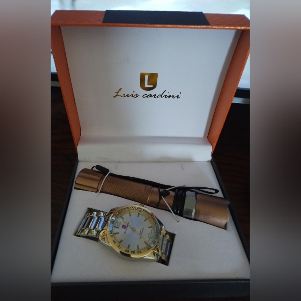 Luis Cardini Stainless Silver Gold Tone Watch with flashlight Set nwt